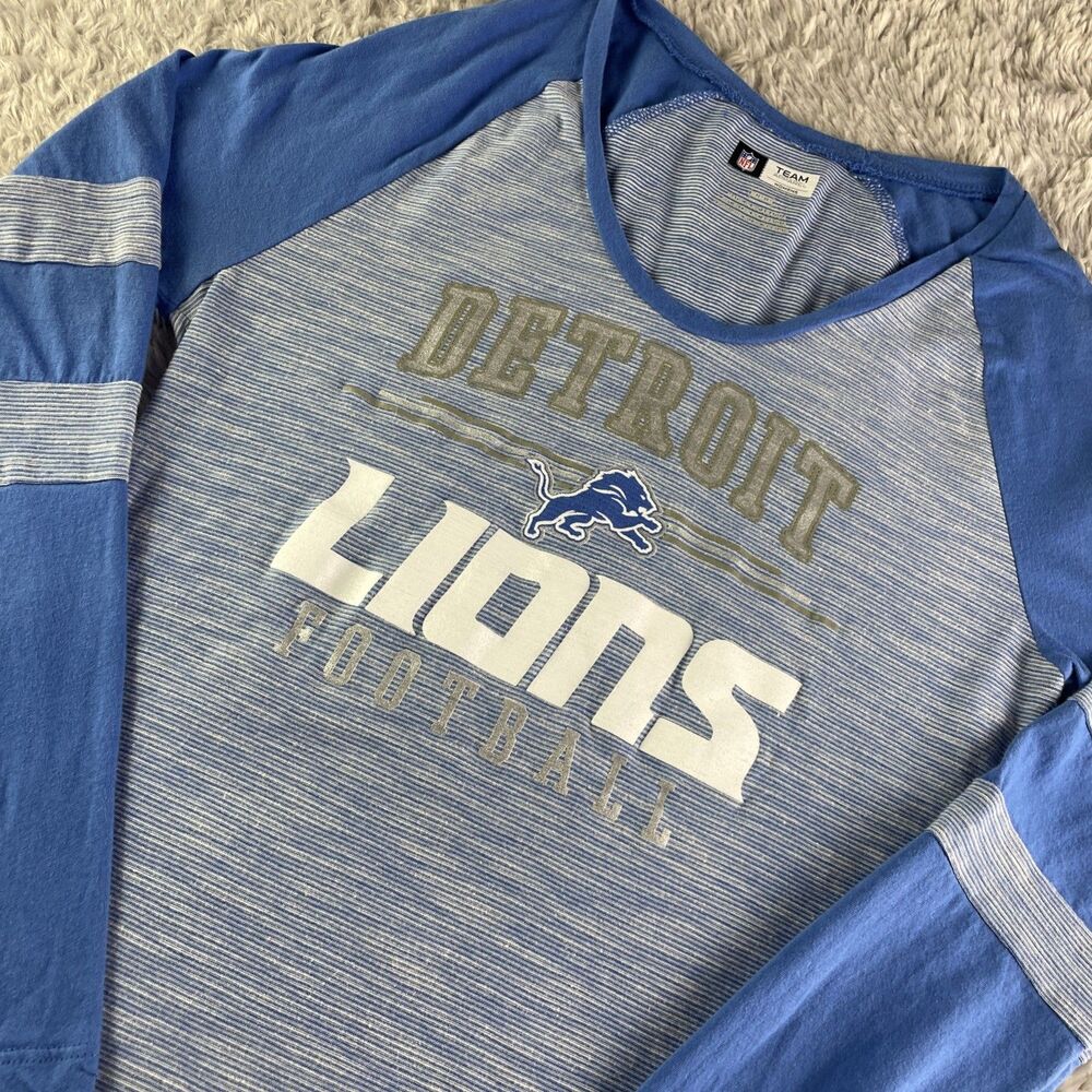 Detroit Lions Shirt Womens Medium Blue White Raglan Long Sleeve NFL Football